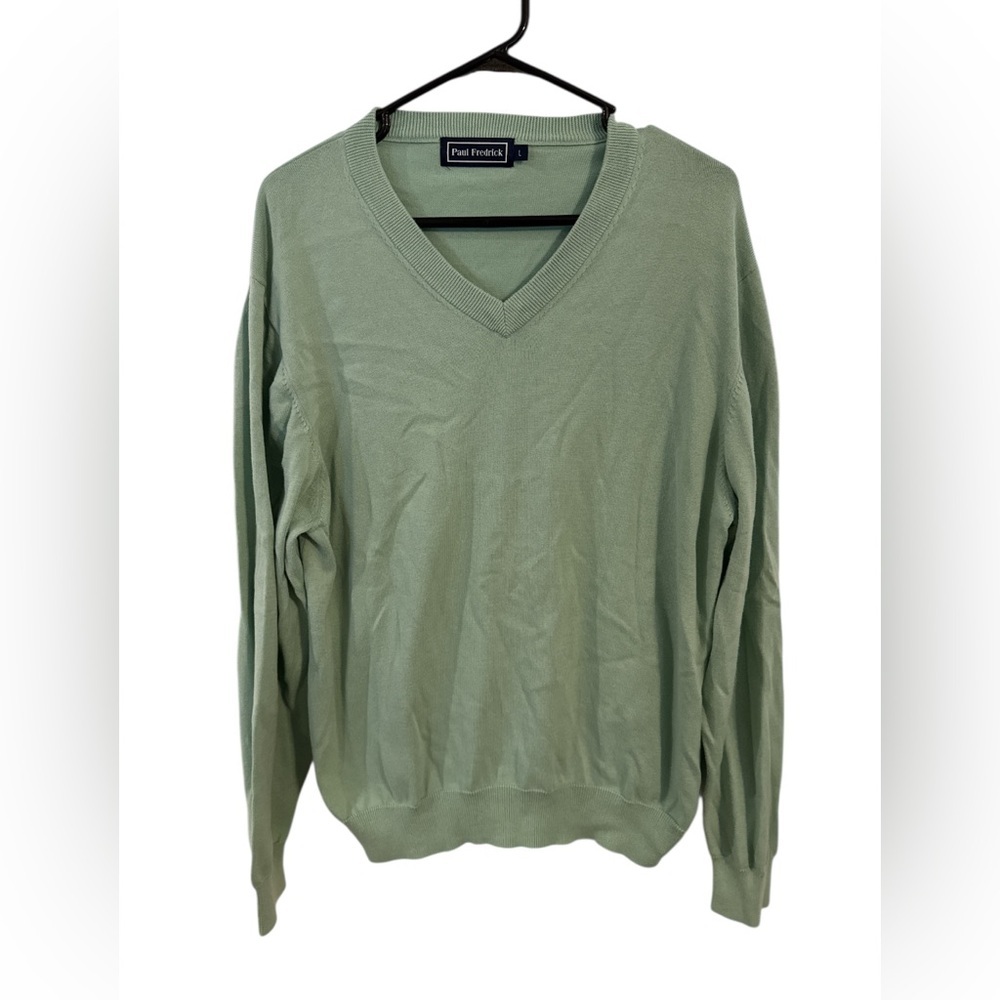 Paul Fredrick Womens Large Light Green V-Neck Sweater- 100% Pima Cotton